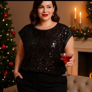 Lane Bryant Womens Black Sequined Cap Sleeve Top Size 14 Party Night Out